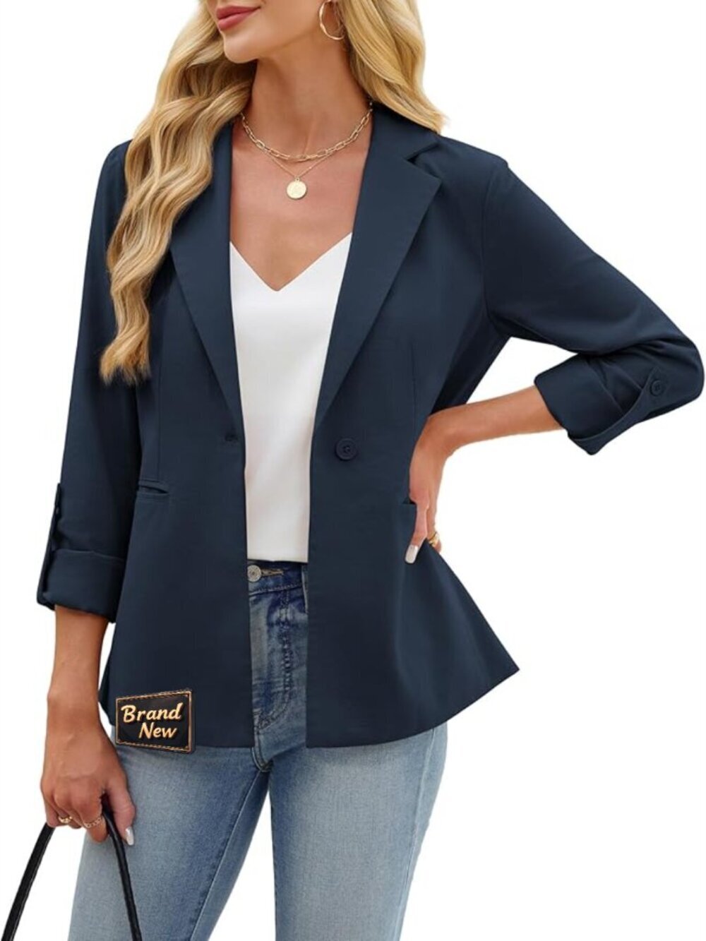 Linen Cotton Blazer with Pockets Open Front Rolled Sleeve Work Office Suit